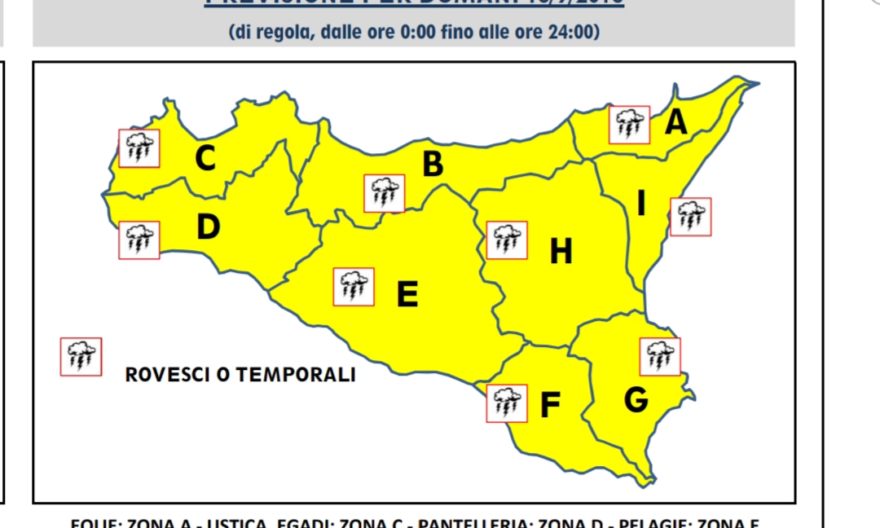 Meteo: Avviso della protezione civile per martedi 18 settembre, ALLERTA GIALLA IN TUTTA LA SICILIA