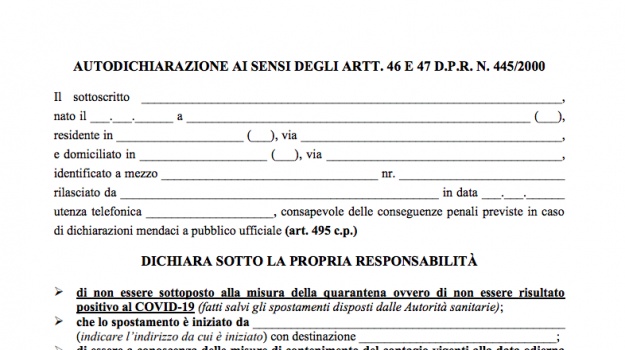 Coronavirus, Ecco la nuova autocertificazione. Qui il modulo da scaricare