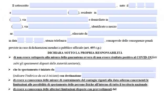 Autocertificazione, ecco il nuovo modulo per gli spostamenti fuori dalla propria regione