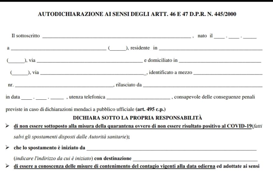 Coronavirus, il Viminale mette online nuovo modello di autocertificazione (Scarica qui)