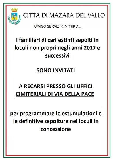 Mazara. Avviso Servizi Cimiteriali. Invito ai familiari di persone sepolte in loculi non propri a contattare gli uffici cimiteriali per programmare le estumulazioni