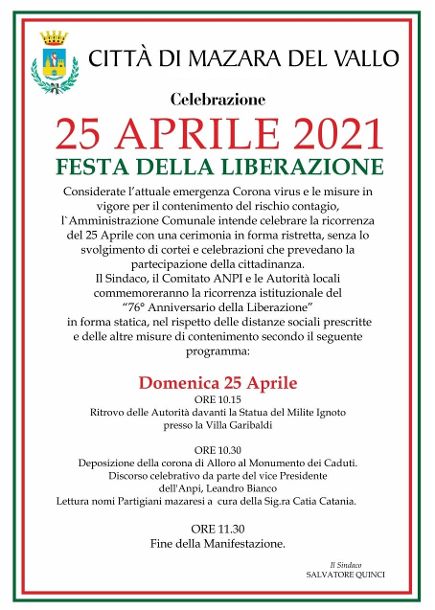 La Città di Mazara celebra la Liberazione Cerimonia in forma ristretta per evitare assembramenti  domenica 25 aprile dinanzi alla Statua del Milite Ignoto