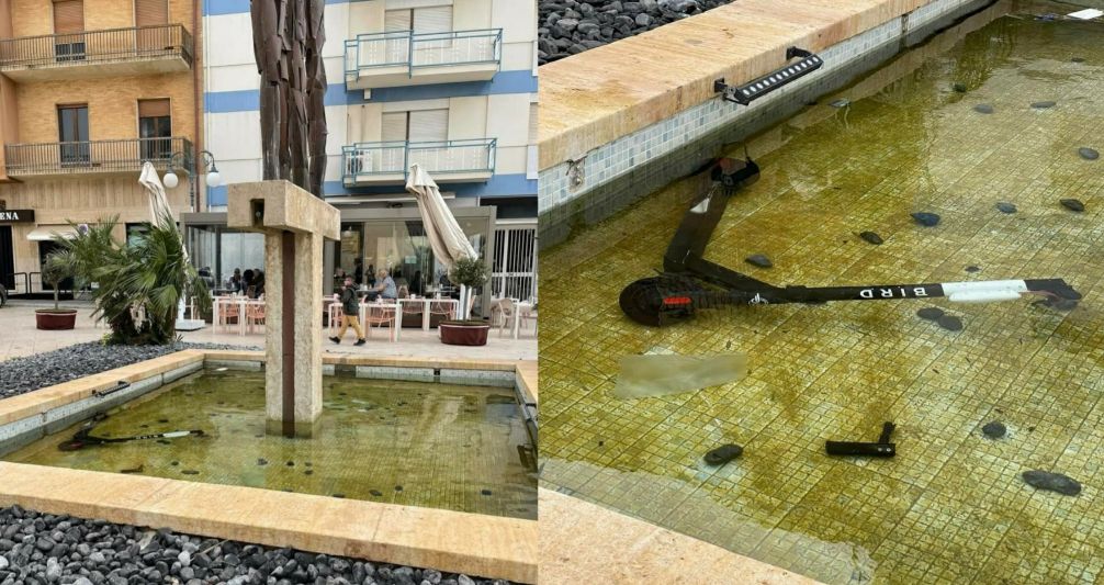 Mazara. Monopattino e pietre nella fontana di Consagra in piazza Mokarta