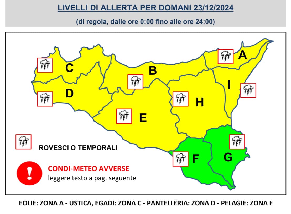 Avviso di allerta meteo gialla fino alle ore 24 del 23 dicembre 2024